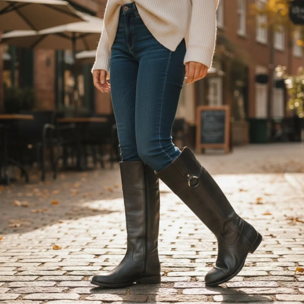 $389 Frye Jamie Ring Tall Distressed Stone Black Leather Knee High Zip Up Boot